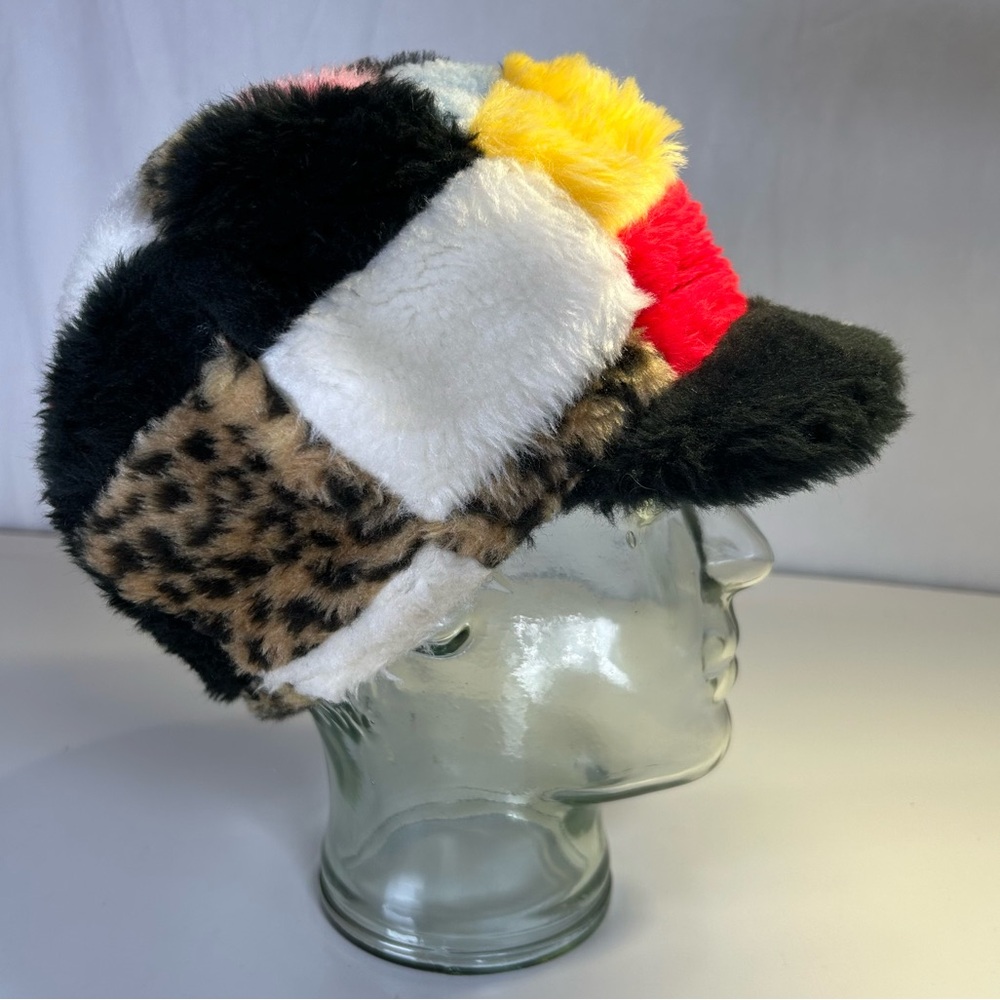 Plush Faux Fur Patchwok Newsboy Bakers Boy Hat Cap. Size S